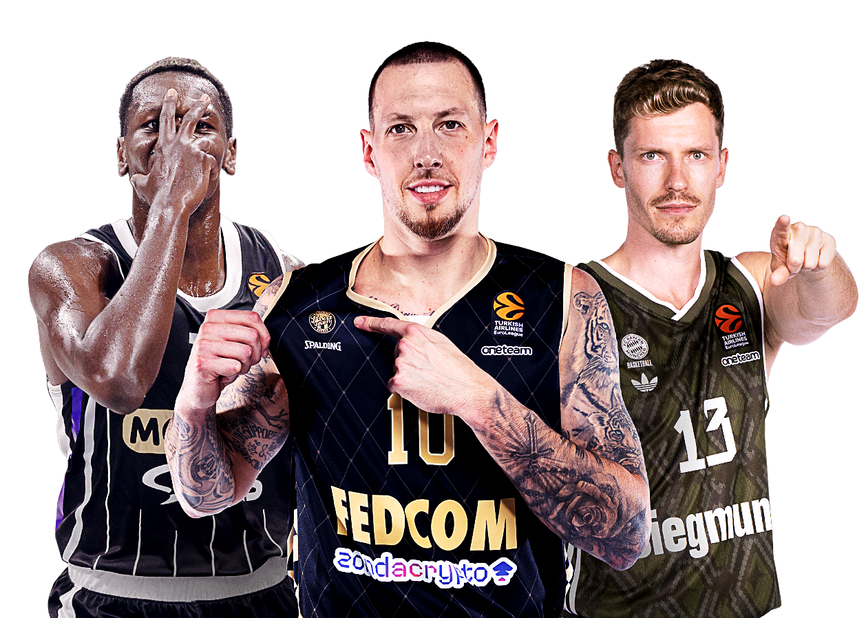 Drei Spieler aus der EuroLeague blicken fokussiert in die Kamera.